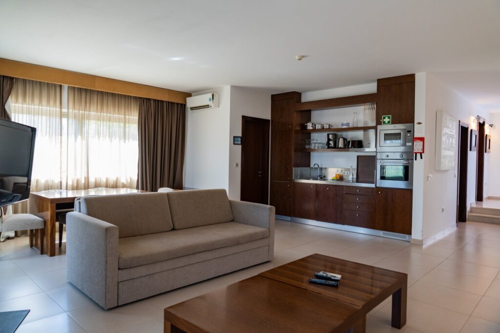 lounge area with kitchen at the self catering apartment
