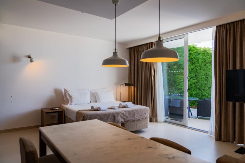 bed next to dining table